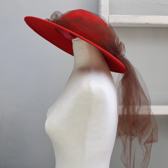 Frank Olive Marshall Field & CO VTG Red Wide Brim Wool Hat with Brown Mesh Veil - Picture 6 of 7